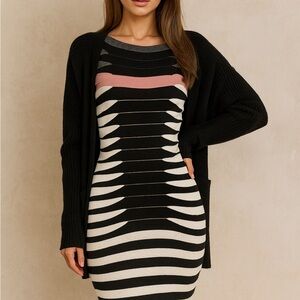 Ted Baker Black and Pink Striped Long Sleeve Dress